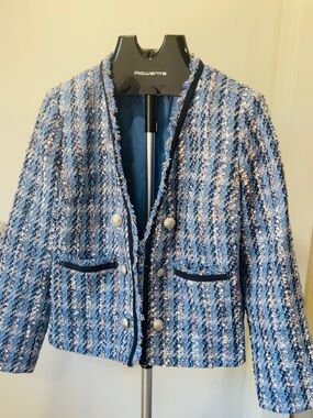 Classic Blue Tweed Women's Jacket - Elegant Textured Coat